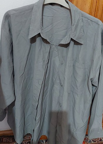 Gri Keten Kadın Gömlek, Uzun Kollu, Düğmeli - Görsel 2