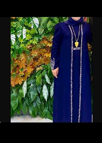 İşlemeli Lacivert Uzun Elbise taşlı abaya