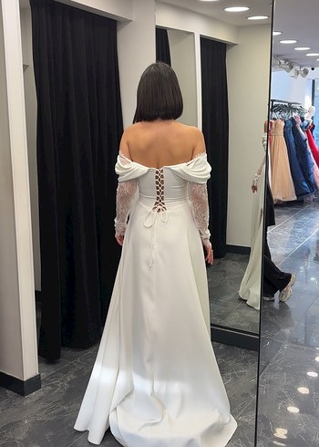 Dantel Kollu Uzun Beyaz abiye/gelinlik - Görsel 4