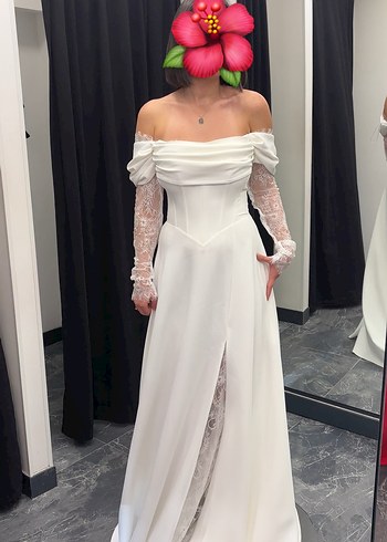 Dantel Kollu Uzun Beyaz abiye/gelinlik - Görsel 3