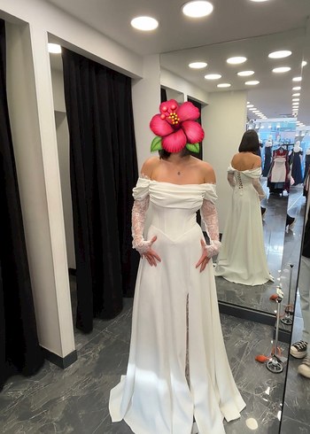 Dantel Kollu Uzun Beyaz abiye/gelinlik - Görsel 2