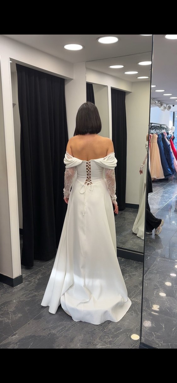 Dantel Kollu Uzun Beyaz abiye/gelinlik - Görsel 4