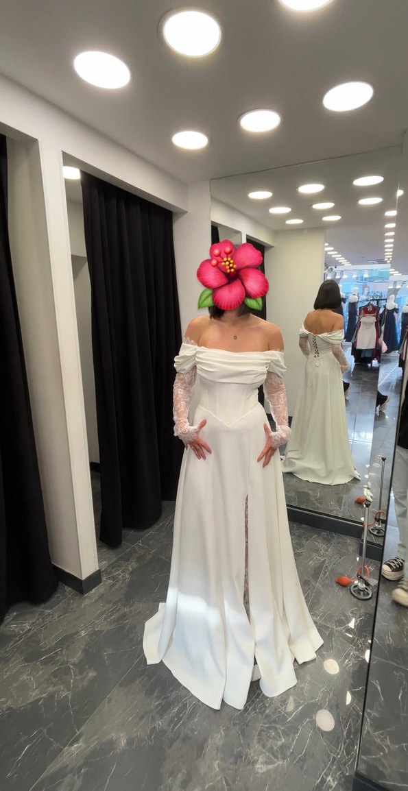 Dantel Kollu Uzun Beyaz abiye/gelinlik - Görsel 2