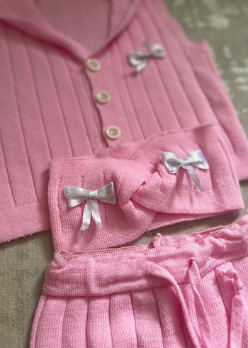 Pembe Örgü Kız Bebek Üçlü Takım - Görsel 2