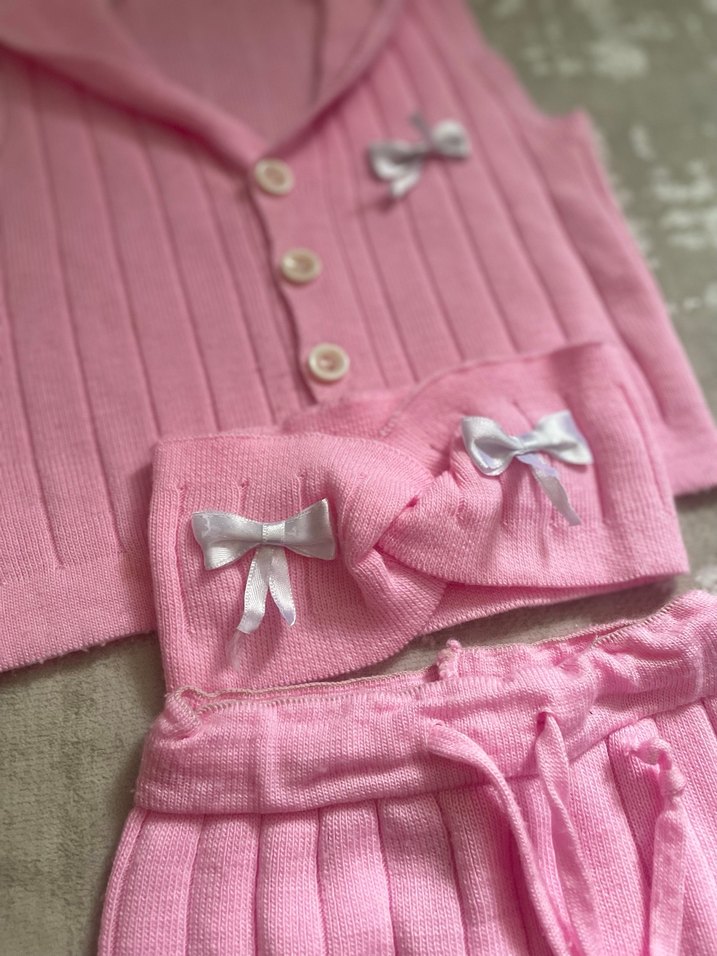 Pembe Örgü Kız Bebek Üçlü Takım - Görsel 2