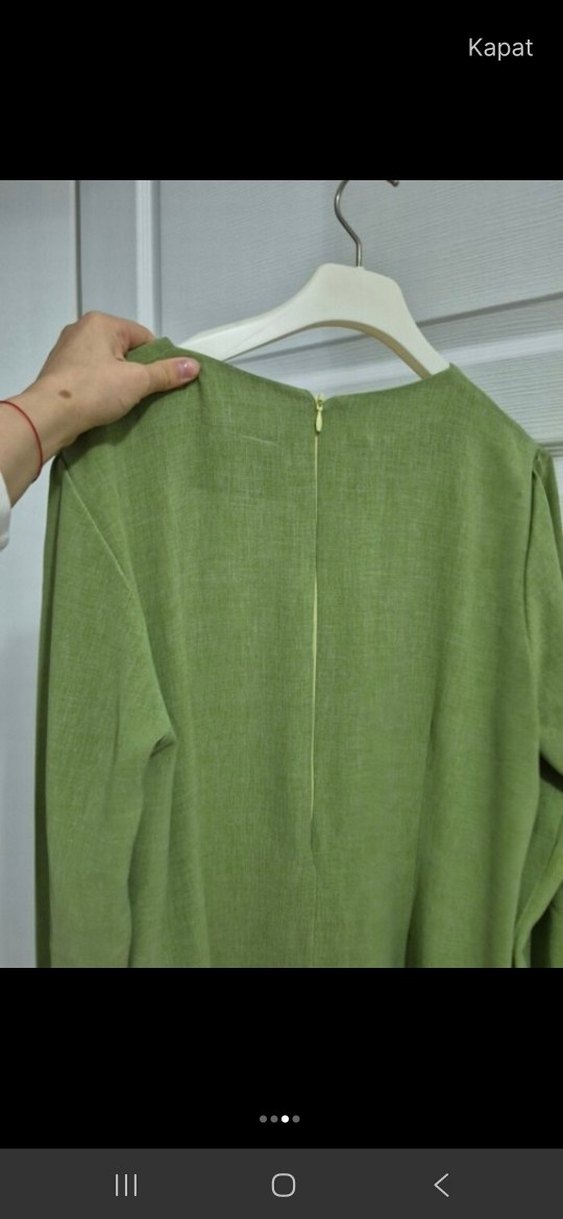 Uzun Kol V Yaka Haki Keten Elbise - Görsel 2