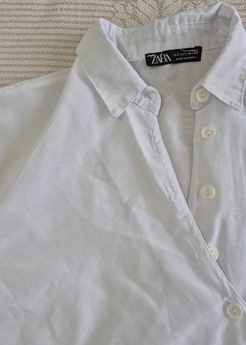 Beyaz Keten Düğmeli Kadın Gömlek - Görsel 2