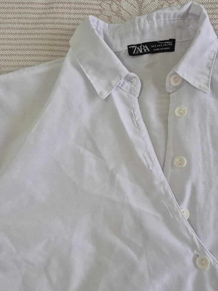 Beyaz Keten Düğmeli Kadın Gömlek - Görsel 2