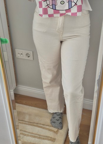 Beyaz Rahat Kesim Midi Kadın Kot Pantolon - Görsel 3