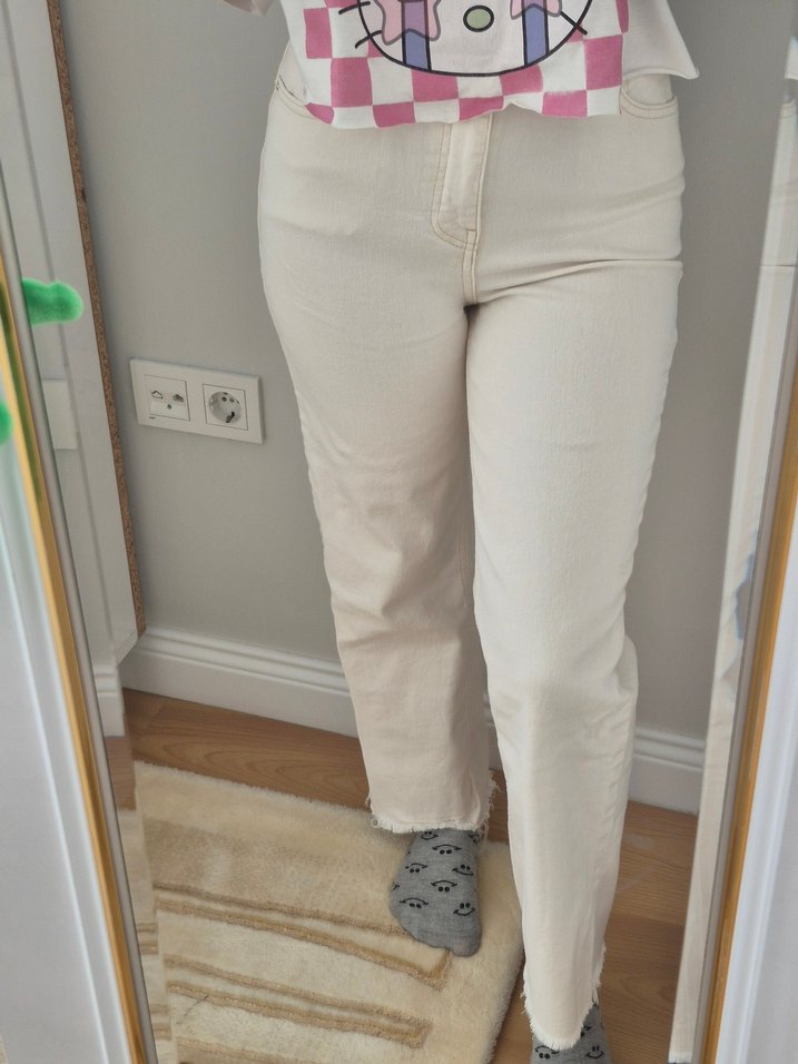 Beyaz Rahat Kesim Midi Kadın Kot Pantolon - Görsel 3