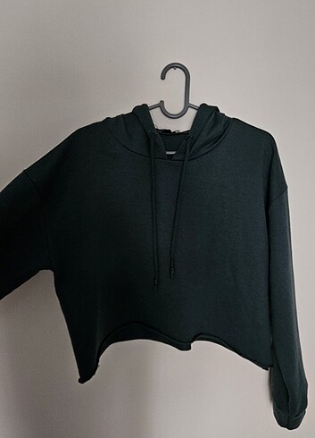Fullamoda M Beden Koyu Yeşil İnce Crop Sweatshirt