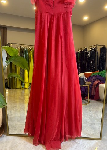 Drapeli Uzun Kırmızı Kadın Abiye Elbise - Görsel 7
