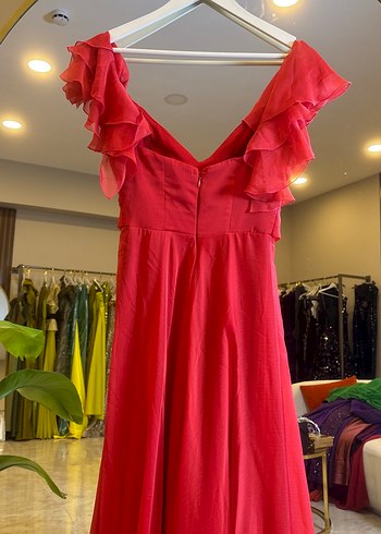 Drapeli Uzun Kırmızı Kadın Abiye Elbise - Görsel 6