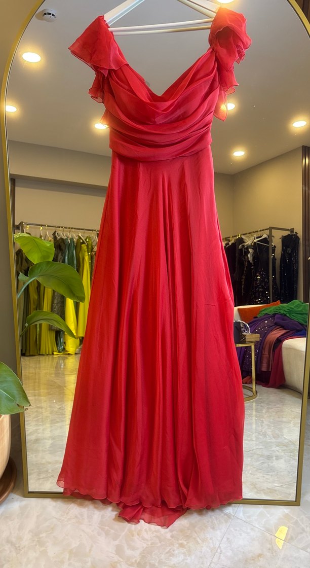 Drapeli Uzun Kırmızı Kadın Abiye Elbise - Görsel 5
