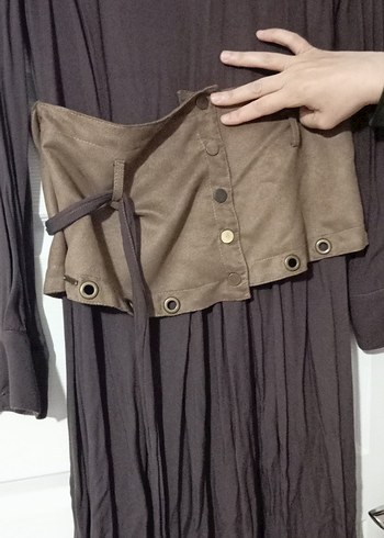 Kahverengi Kemerli Uzun Keten Elbise - Görsel 4