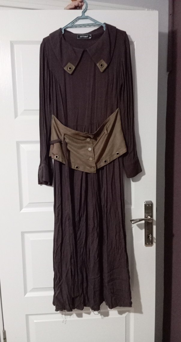 Kahverengi Kemerli Uzun Keten Elbise - Görsel 2