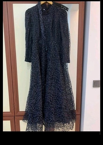 Lacivert Uzun Kollu Gotik Abiye Elbise - Görsel 2