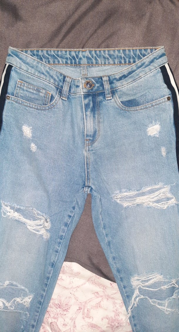 Kadın Mavi Bol Kesim Yırtık Kot Pantolon - Görsel 2