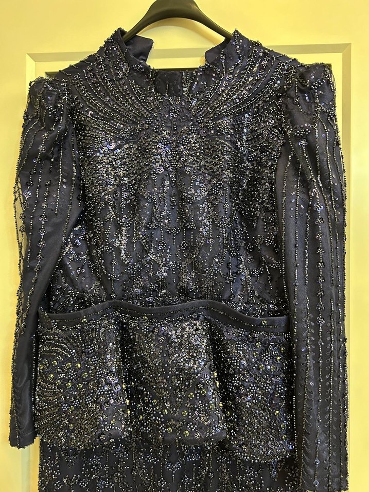 Boncuk İşlemeli Siyah Uzun Abiye Elbise - Görsel 3