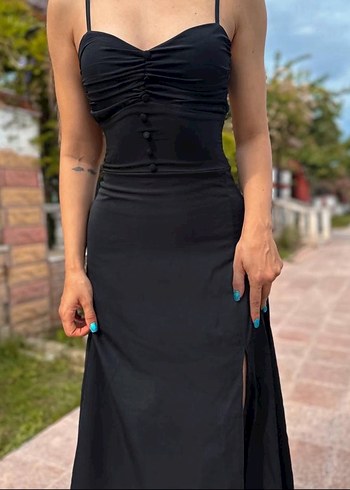 Siyah Uzun Straplez Gotik Elbise