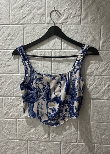 Mavi Desenli Kısa Askılı Crop Top