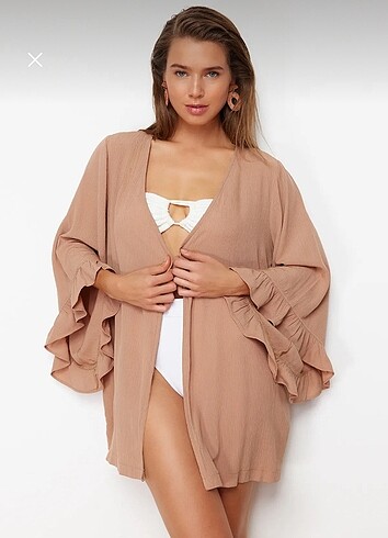 Bej Kuşaklı Mini Dokuma Kuşaklı Kimono