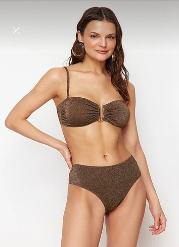 Kahverengi Straplez Simli Premium Kumaşlı Brazilian Bikini Takım