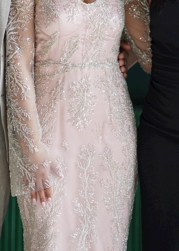 Pembe Dantel İşlemeli Uzun Kollu V Yaka Elbise - Görsel 2