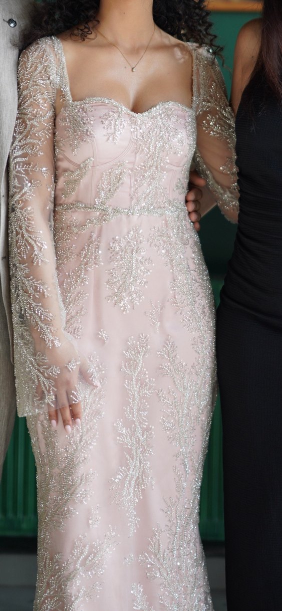 Pembe Dantel İşlemeli Uzun Kollu V Yaka Elbise - Görsel 2