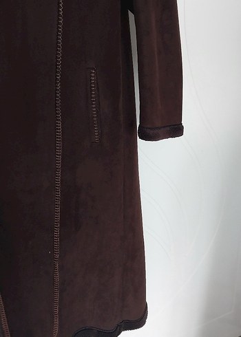 Uzun Kahverengi Süet Kadın Kaban - Görsel 7