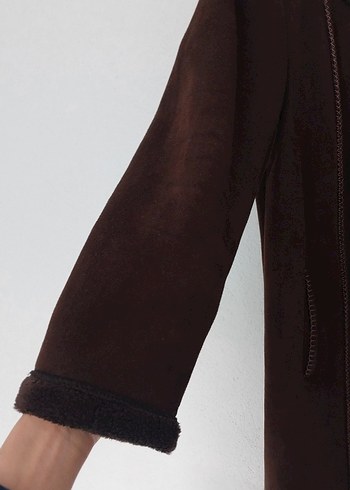 Uzun Kahverengi Süet Kadın Kaban - Görsel 4