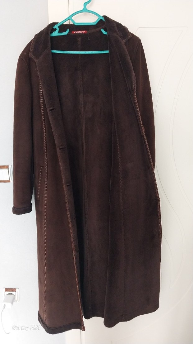 Uzun Kahverengi Süet Kadın Kaban - Görsel 5