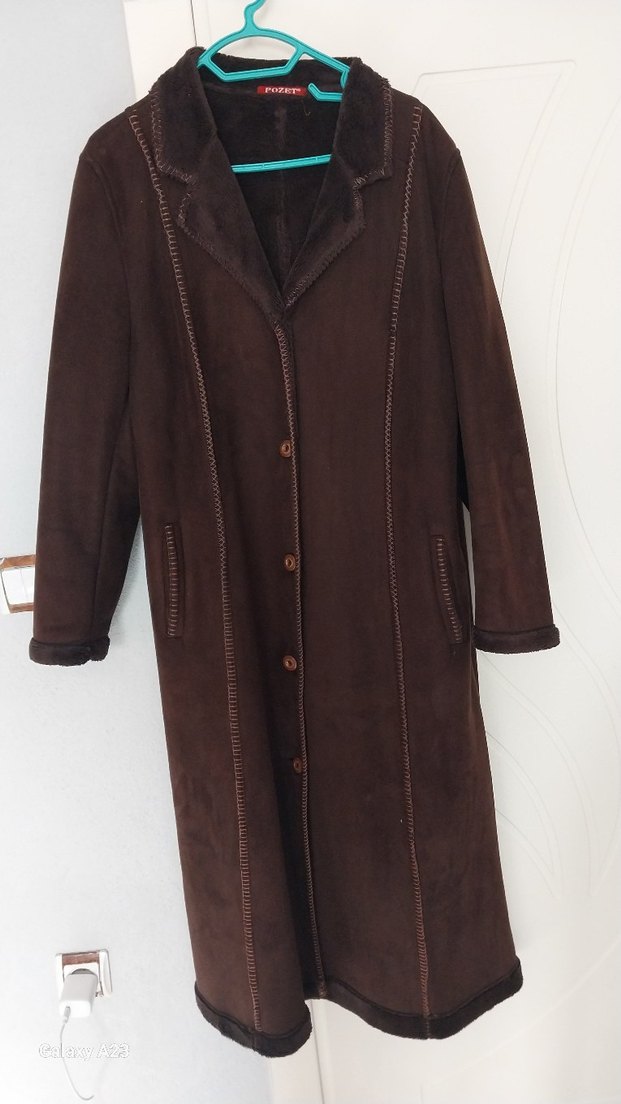 Uzun Kahverengi Süet Kadın Kaban - Görsel 2