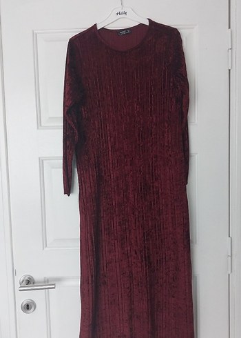 Bordo Kadın kadife Uzun Piliseli Elbise - Görsel 2