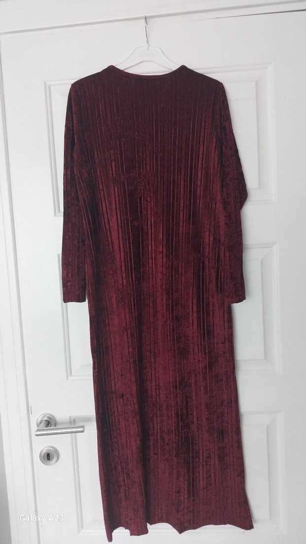 Bordo Kadın kadife Uzun Piliseli Elbise - Görsel 3