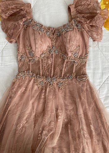 İşlemeli Gül Kurusu Midi Boy Abiye Elbise - Görsel 5