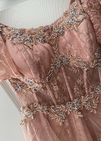 İşlemeli Gül Kurusu Midi Boy Abiye Elbise - Görsel 2