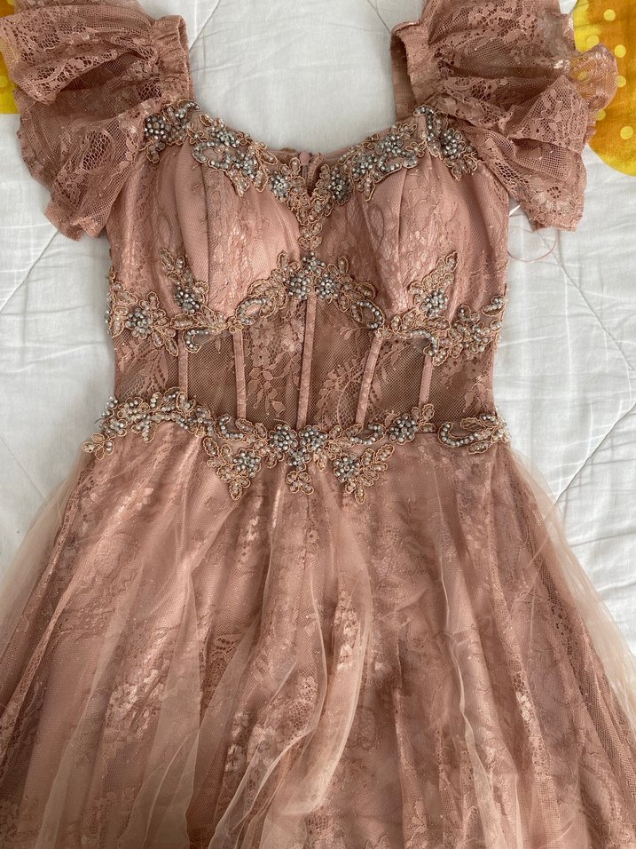 İşlemeli Gül Kurusu Midi Boy Abiye Elbise - Görsel 5