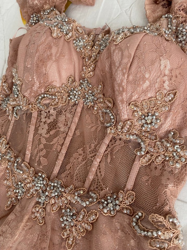 İşlemeli Gül Kurusu Midi Boy Abiye Elbise - Görsel 3