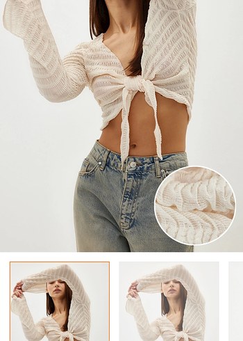 Bej V Yaka Bağlamalı Örme Crop Top