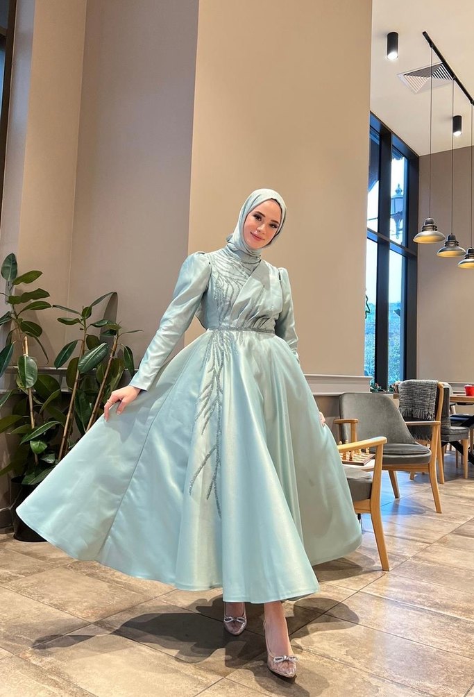 Nakışlı Turkuaz Uzun Abiye Elbise - Görsel 2