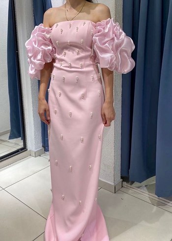 Pembe Boncuk İşlemeli Uzun Abiye Elbise - Görsel 2