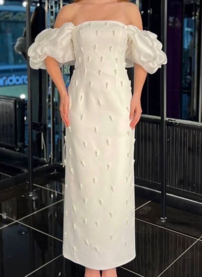 Straplez Uzun Beyaz İşlemeli Abiye - Görsel 4