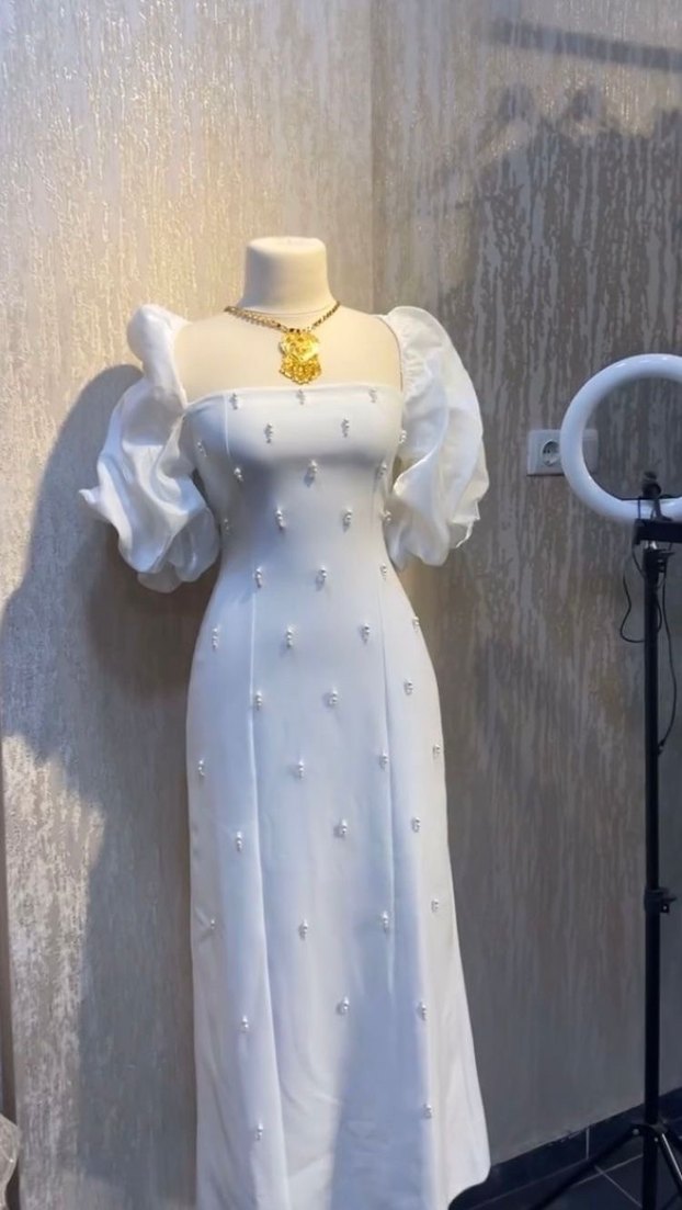 Beyaz Nakışlı Drapeli Uzun Nikah Elbisesi - Görsel 3