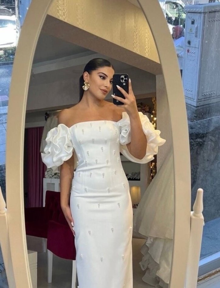 Beyaz Nakışlı Drapeli Uzun Nikah Elbisesi - Görsel 5