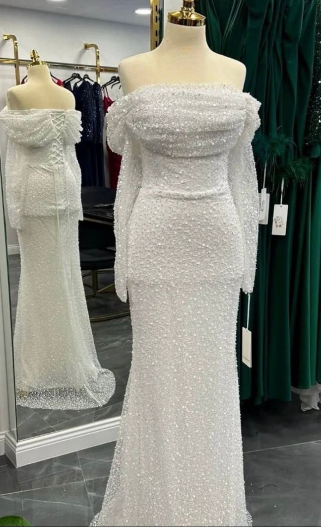 Şeffaf Kollu Straplez Beyaz Uzun Abiye - Görsel 3