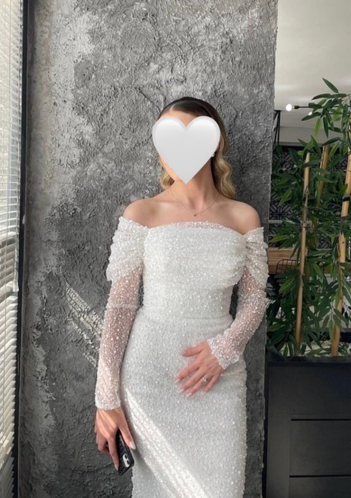 Şeffaf Kollu Straplez Beyaz Uzun Abiye - Görsel 4