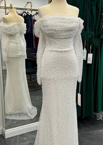 İnci Detaylı Uzun Kollu Beyaz Nişan Elbisesi - Görsel 6