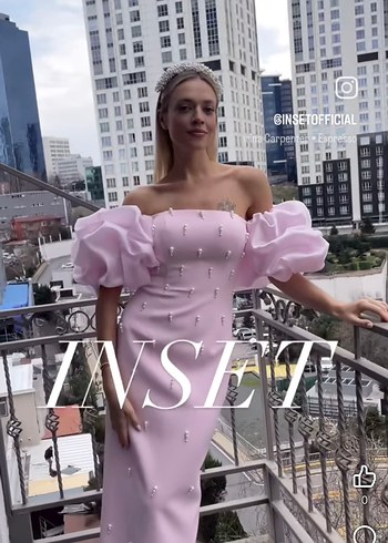 Pembe Boncuk İşlemeli Uzun Abiye Elbise - Görsel 6