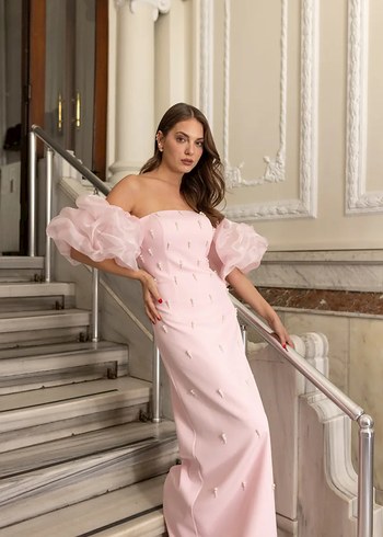 Pudra Pembe Nakışlı Uzun Abiye Elbise - Görsel 2